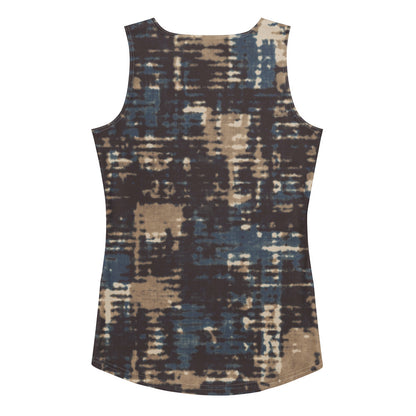 chamonix performance tank in blue & brown print