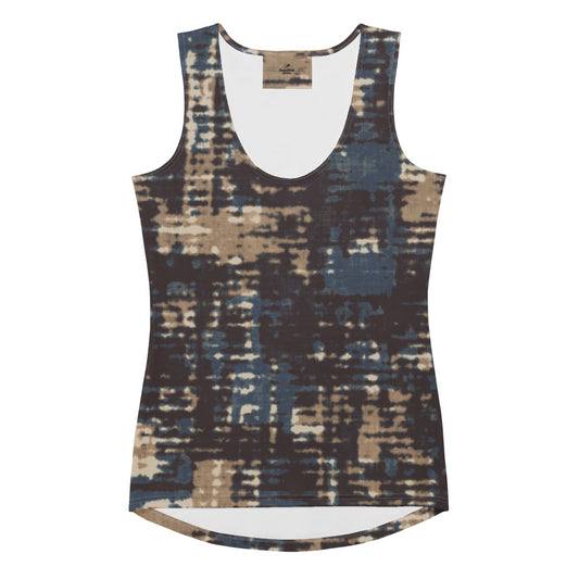 chamonix performance tank in blue & brown print