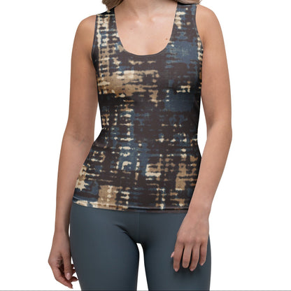 model wearing the chamonix performance tank in blue & brown print
