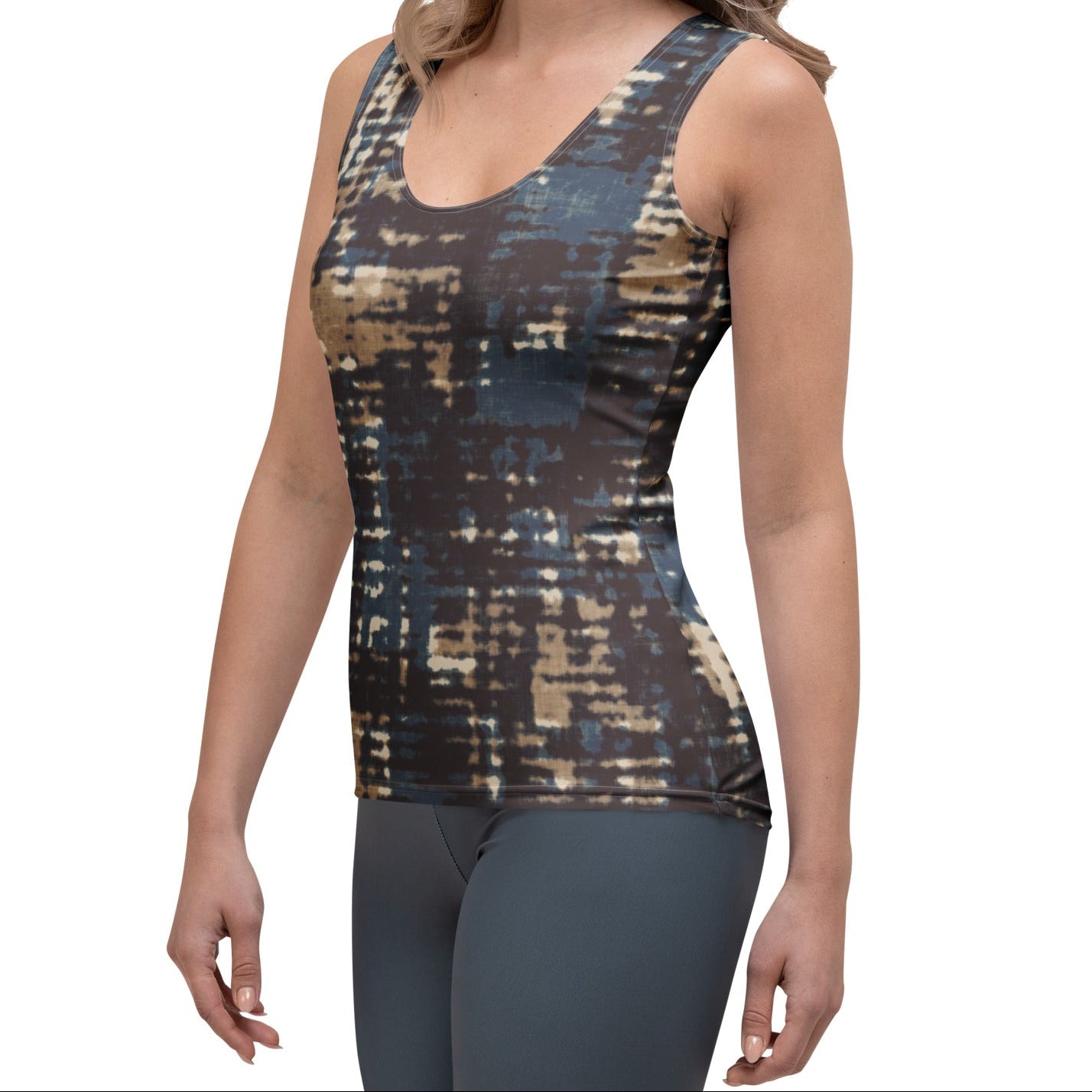 wearing the chamonix performance tank in blue & brown print