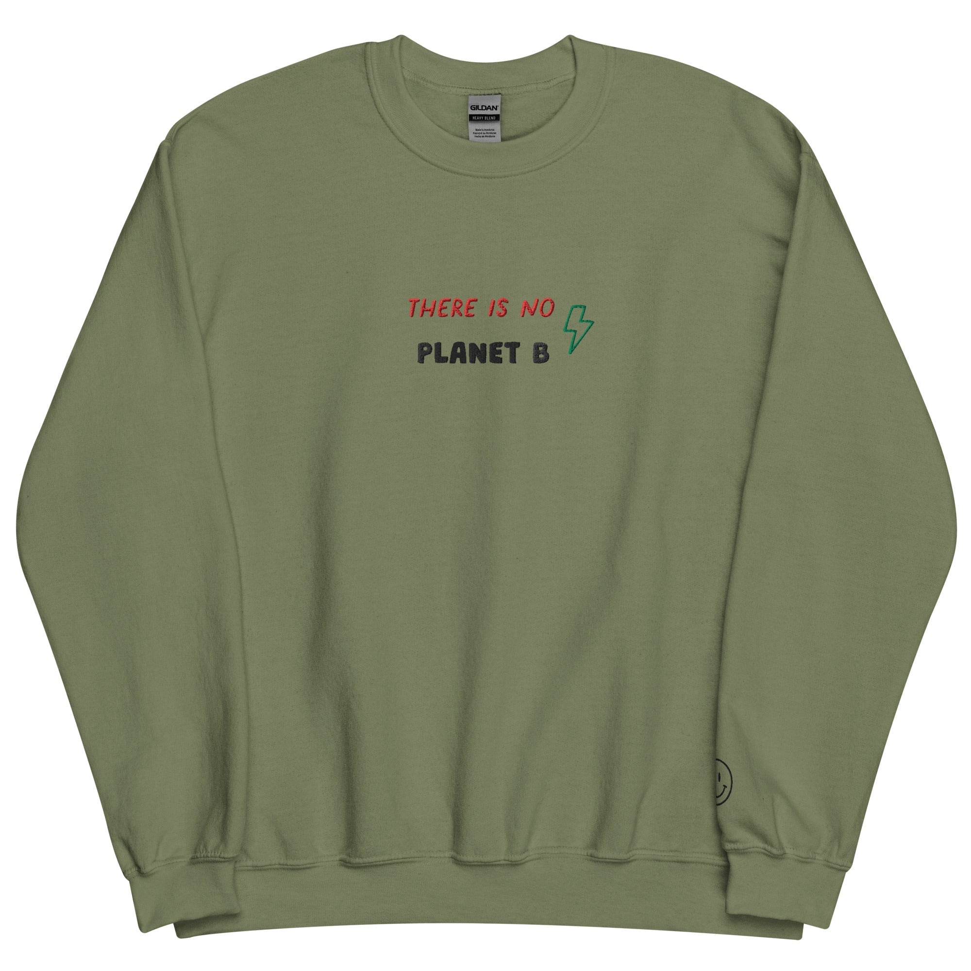 A close up of The Manifesto Sweatshirt in air-jet spun yarn,, showing the  There is no planet b text embroidered on the front.