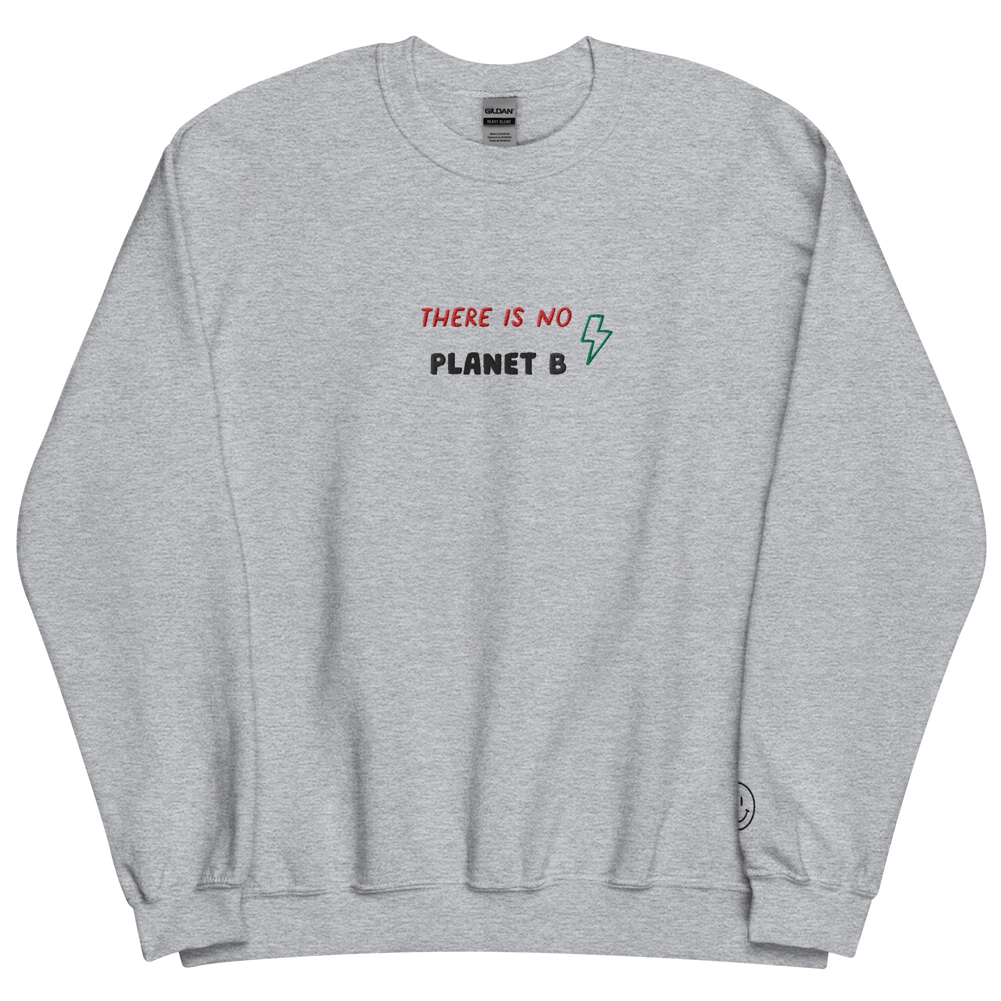 A close up of The Manifesto Sweatshirt  in air-jet spun yarn,, showing the  There is no planet b text embroidered on the front.