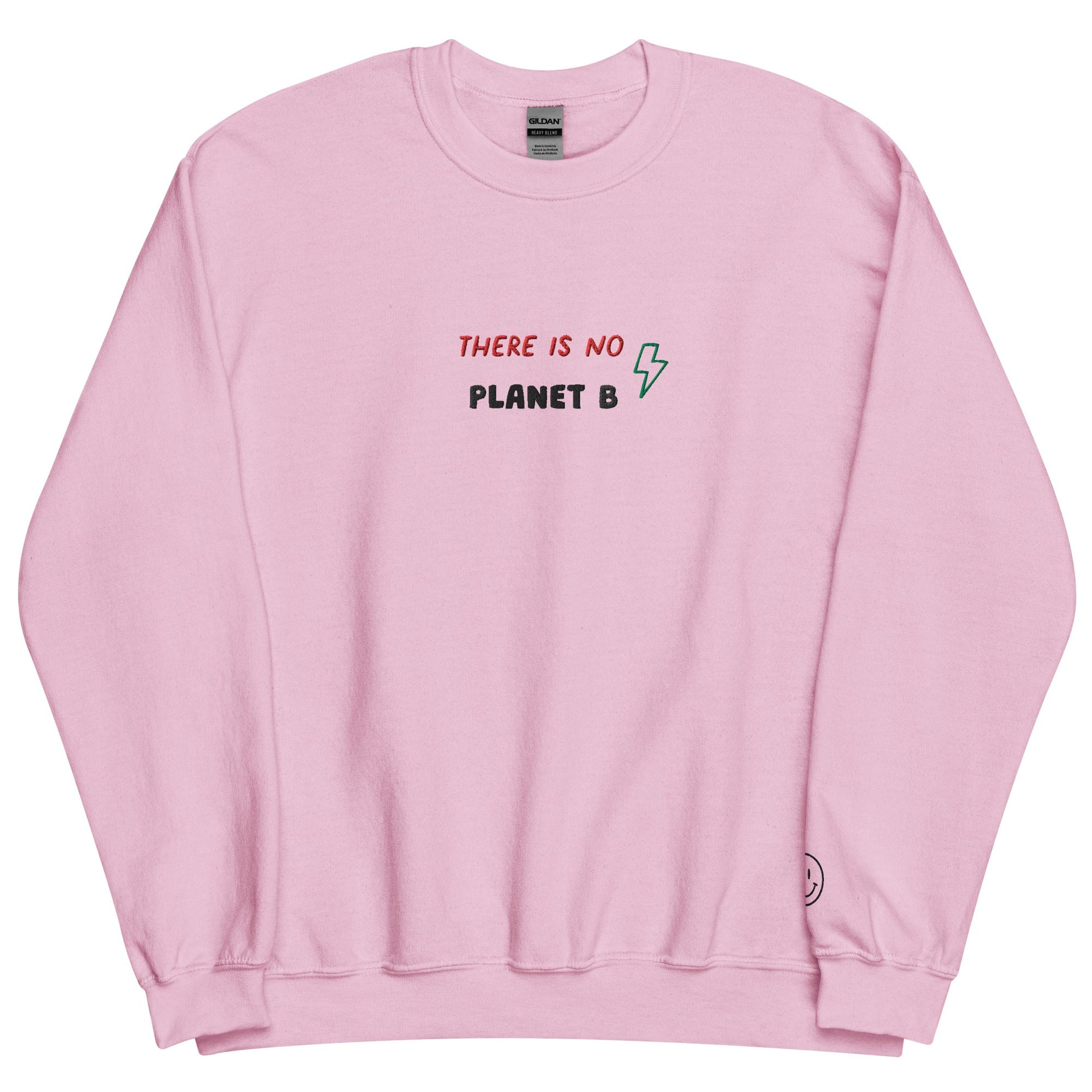 A close up of The Manifesto Sweatshirt in air-jet spun yarn,, showing the  There is no planet b text embroidered on the front.
