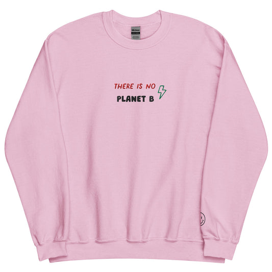 A close up of The Manifesto Sweatshirt in air-jet spun yarn,, showing the  There is no planet b text embroidered on the front.