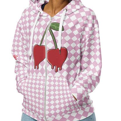 A BunnyBankY zip hoodie featuring a pink and white geometric clover pattern, a dripping heart-cherry graphic on the front, and "Goal Digger" in black script on the back.