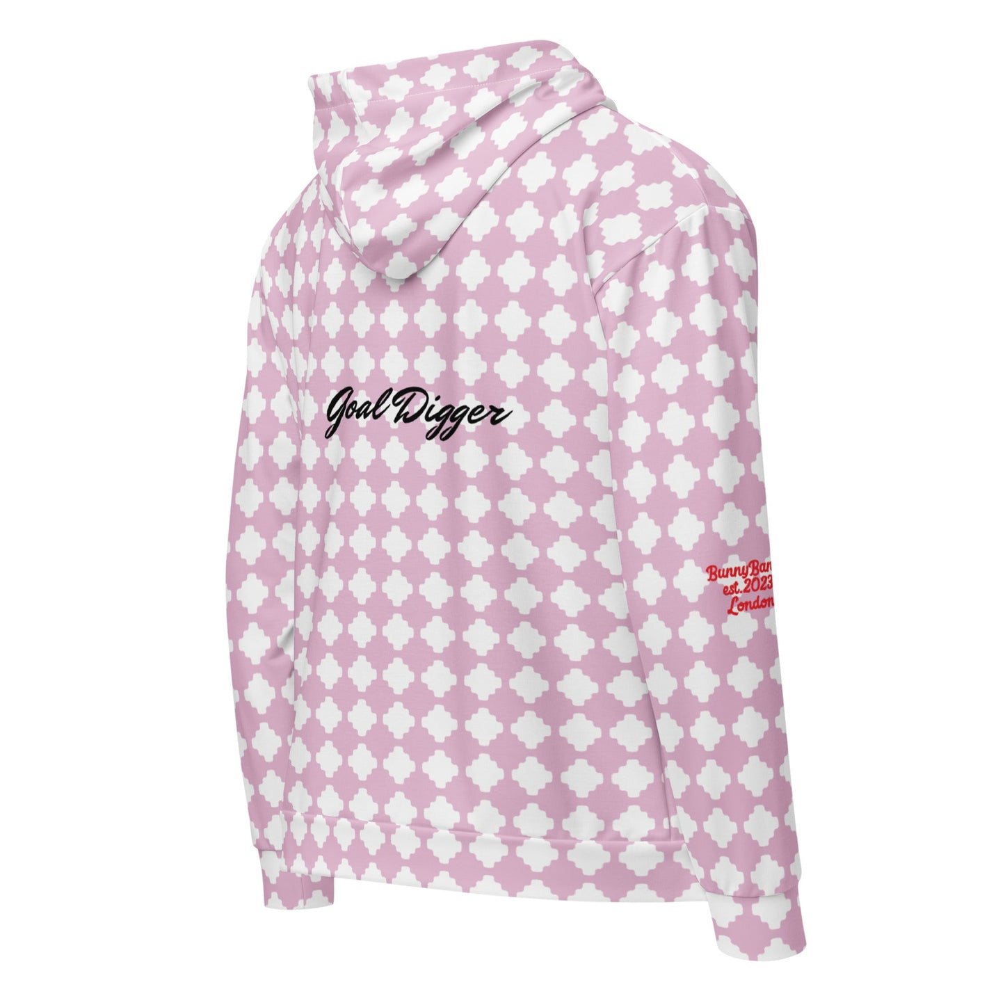 A BunnyBankY zip hoodie featuring a pink and white geometric clover pattern, a dripping heart-cherry graphic on the front, and "Goal Digger" in black script on the back.