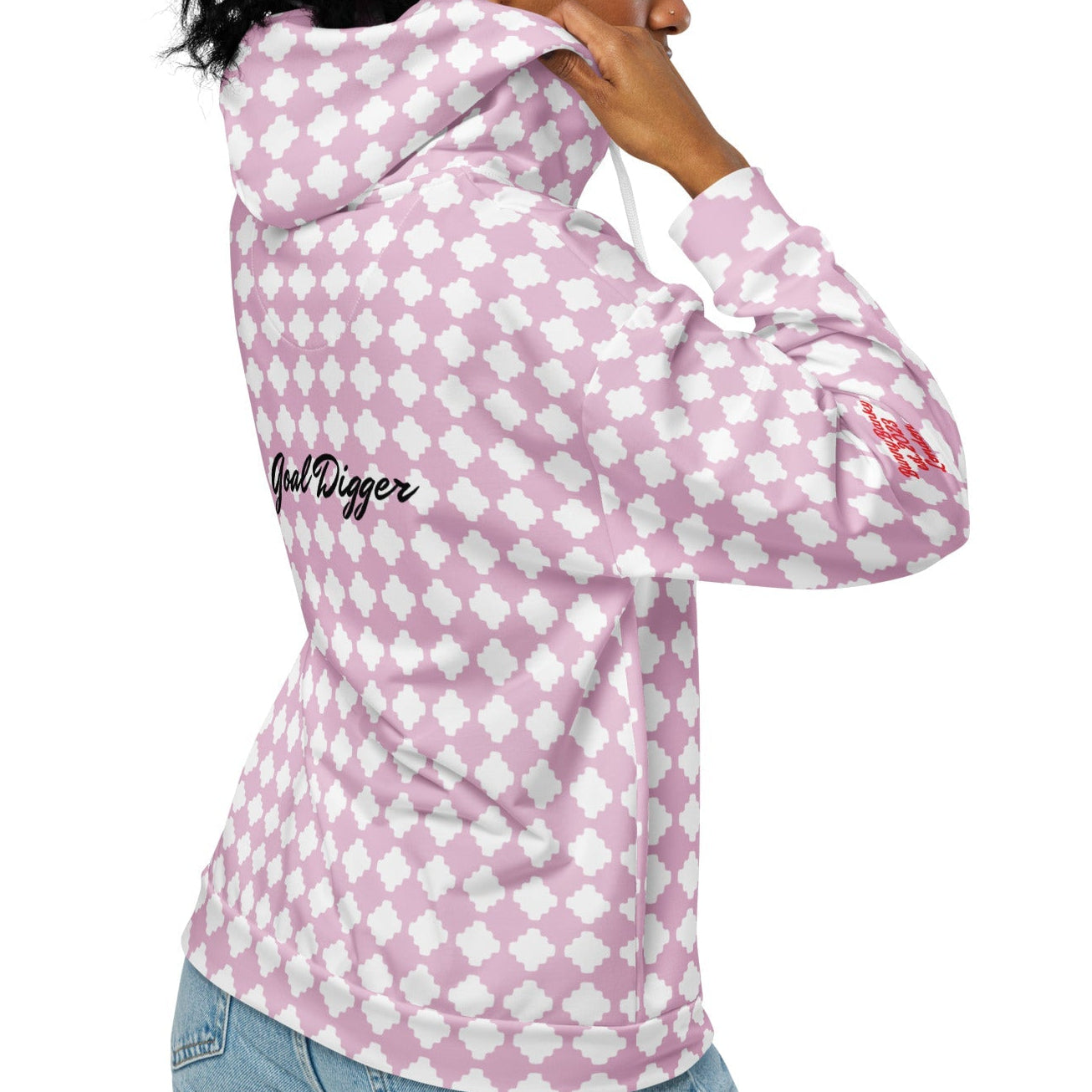 A BunnyBankY zip hoodie featuring a pink and white geometric clover pattern, a dripping heart-cherry graphic on the front, and "Goal Digger" in black script on the back.
