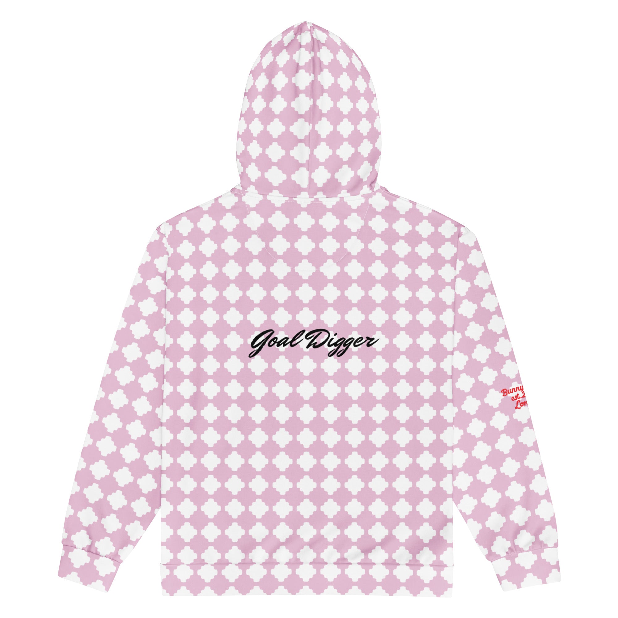 A BunnyBankY zip hoodie featuring a pink and white geometric clover pattern, a dripping heart-cherry graphic on the front, and 