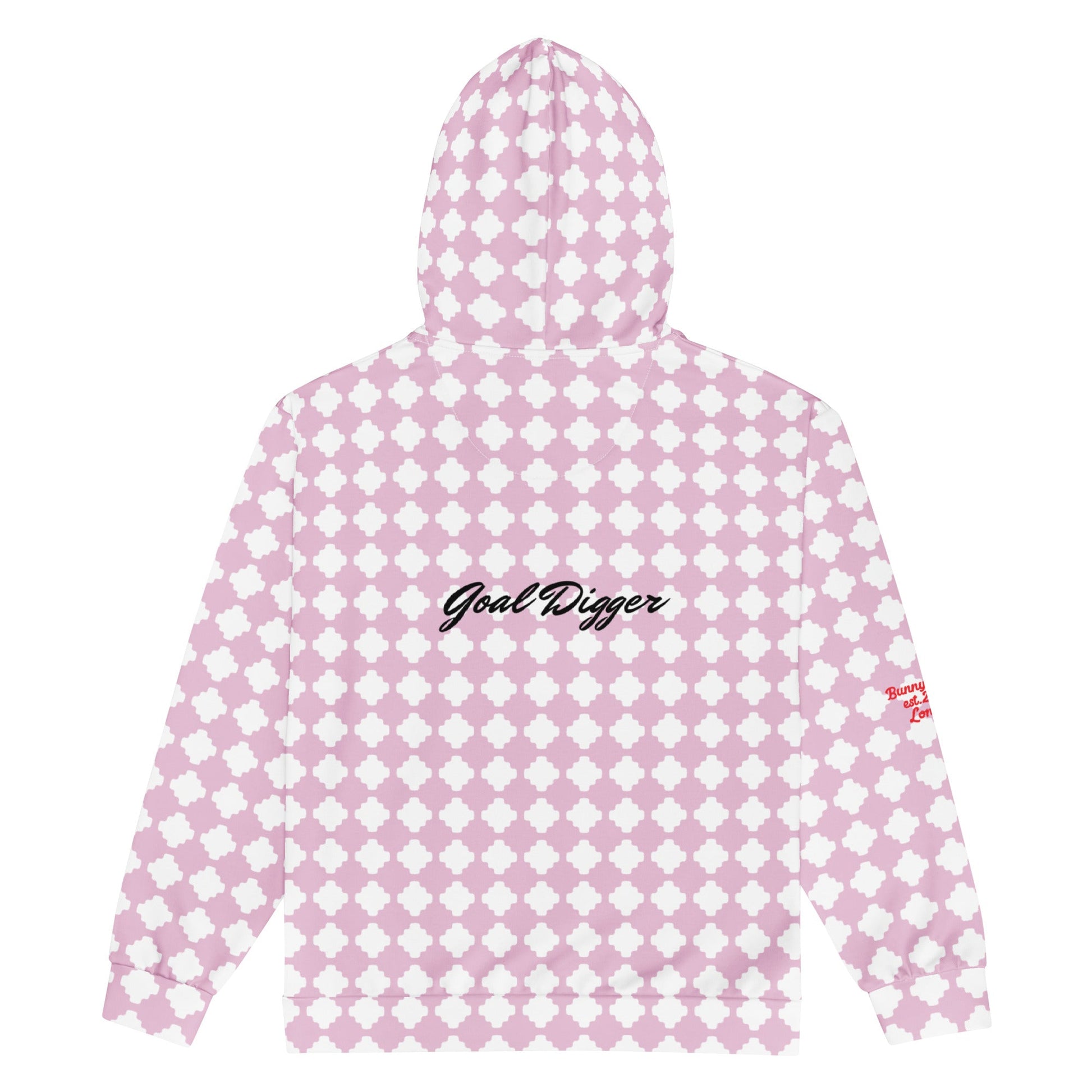 A BunnyBankY zip hoodie featuring a pink and white geometric clover pattern, a dripping heart-cherry graphic on the front, and "Goal Digger" in black script on the back.