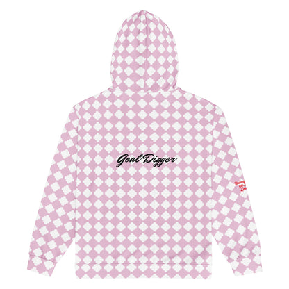 A BunnyBankY zip hoodie featuring a pink and white geometric clover pattern, a dripping heart-cherry graphic on the front, and "Goal Digger" in black script on the back.