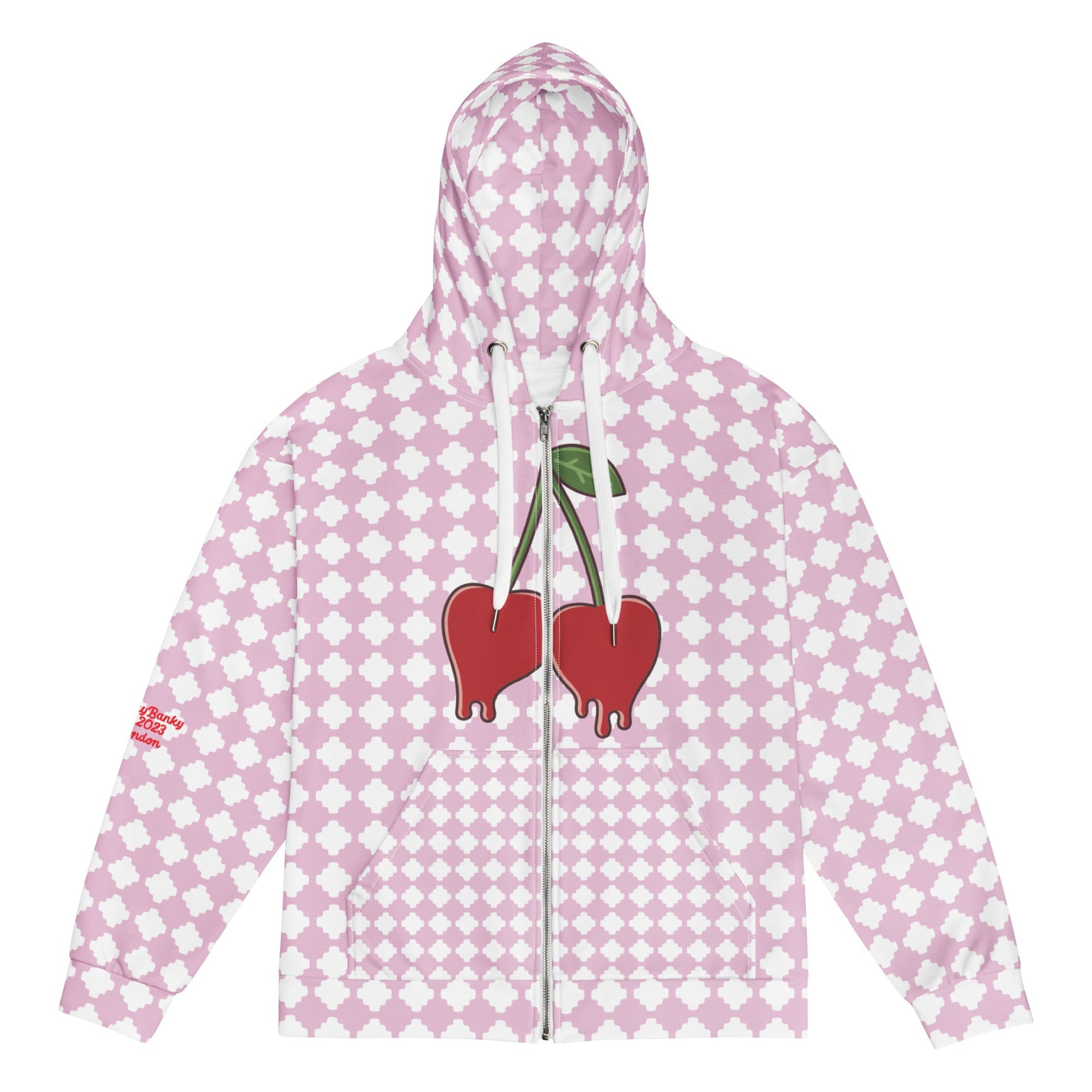 A BunnyBankY zip hoodie featuring a pink and white geometric clover pattern, a dripping heart-cherry graphic on the front, and "Goal Digger" in black script on the back.
