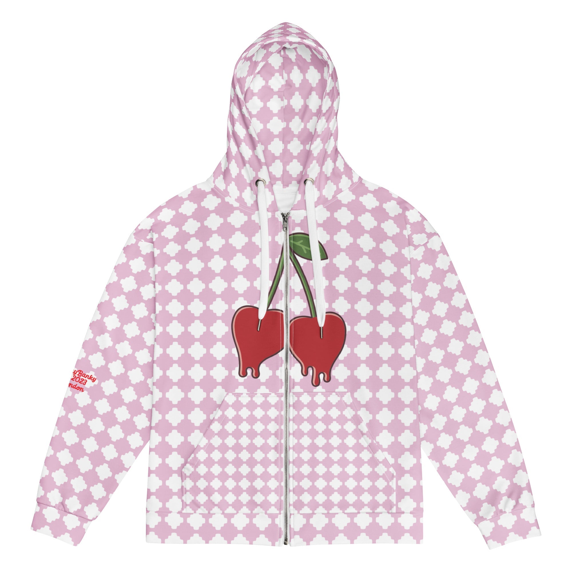 A BunnyBankY zip hoodie featuring a pink and white geometric clover pattern, a dripping heart-cherry graphic on the front, and 