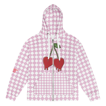 A BunnyBankY zip hoodie featuring a pink and white geometric clover pattern, a dripping heart-cherry graphic on the front, and "Goal Digger" in black script on the back.