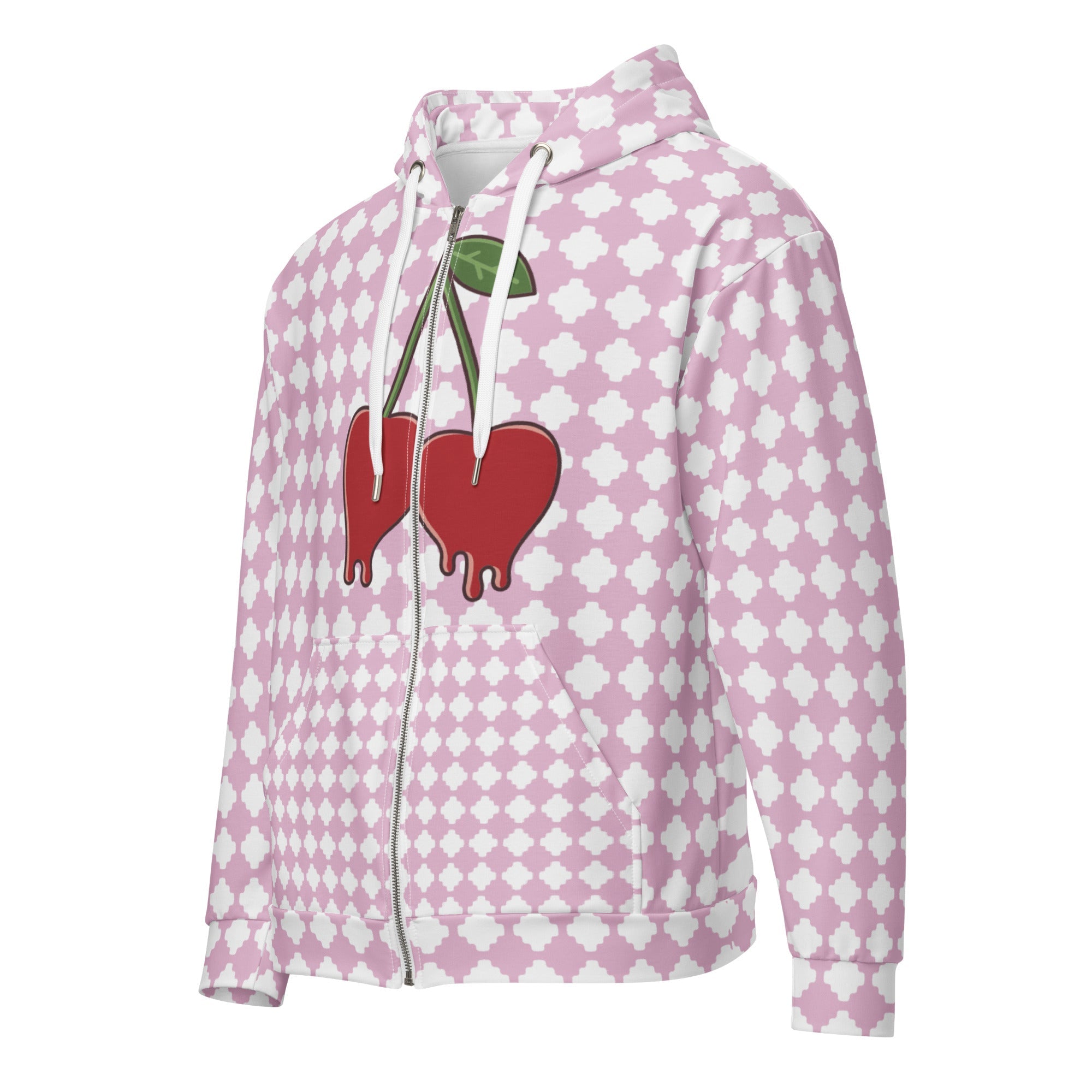 A BunnyBankY zip hoodie featuring a pink and white geometric clover pattern, a dripping heart-cherry graphic on the front, and 