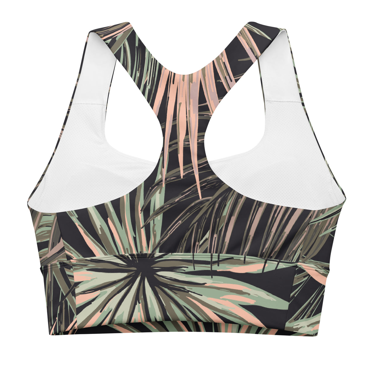 back close up of the chiswick Longline performance bra.A women's sports bra with a tropical palm leaf print in black, sage green, and peach, featuring contrasting solid white underwire cups.