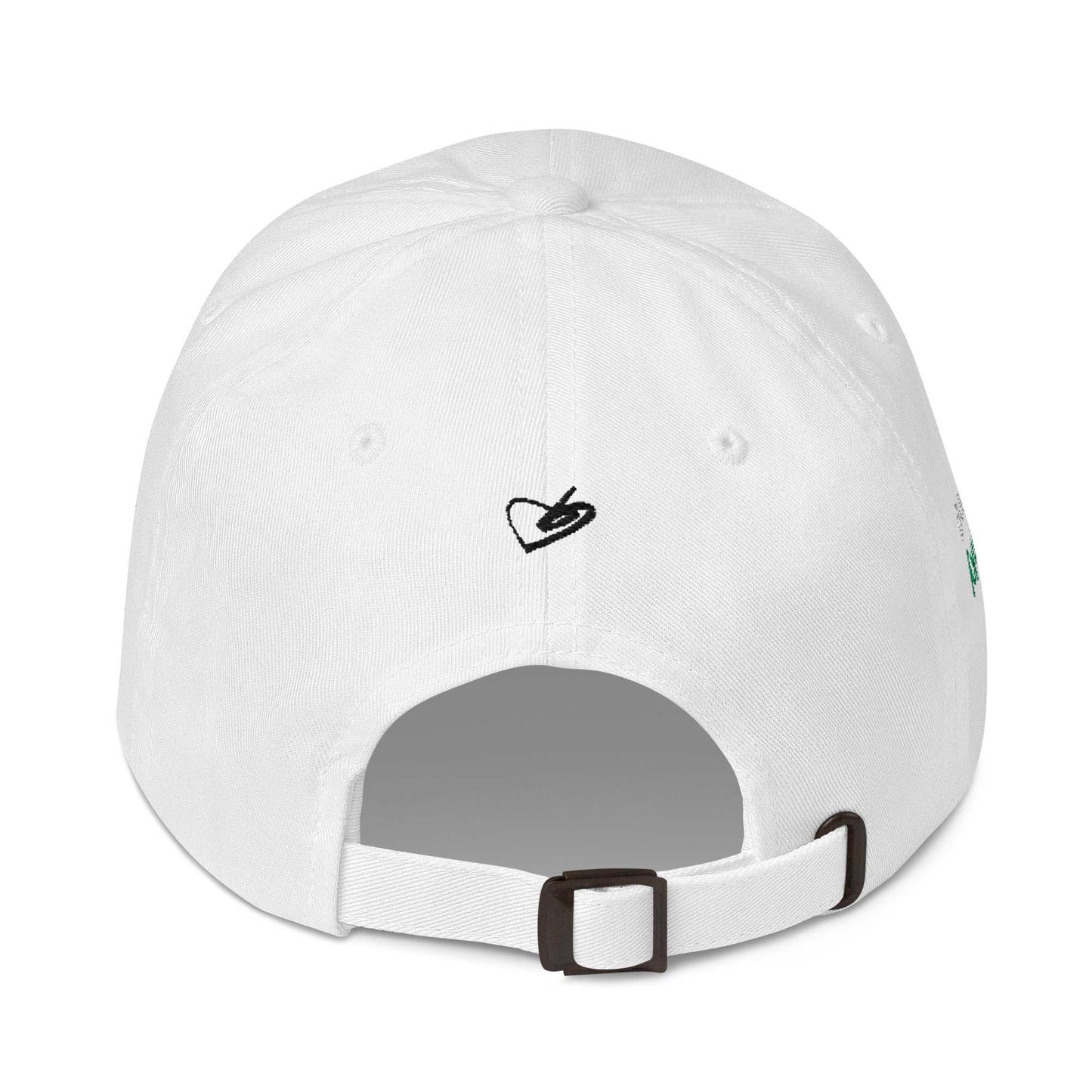 A close up of The Running Late Cap in pink showing the running late text embroidered in white and black