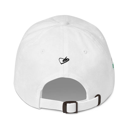 A close up of The Running Late Cap in pink showing the running late text embroidered in white and black