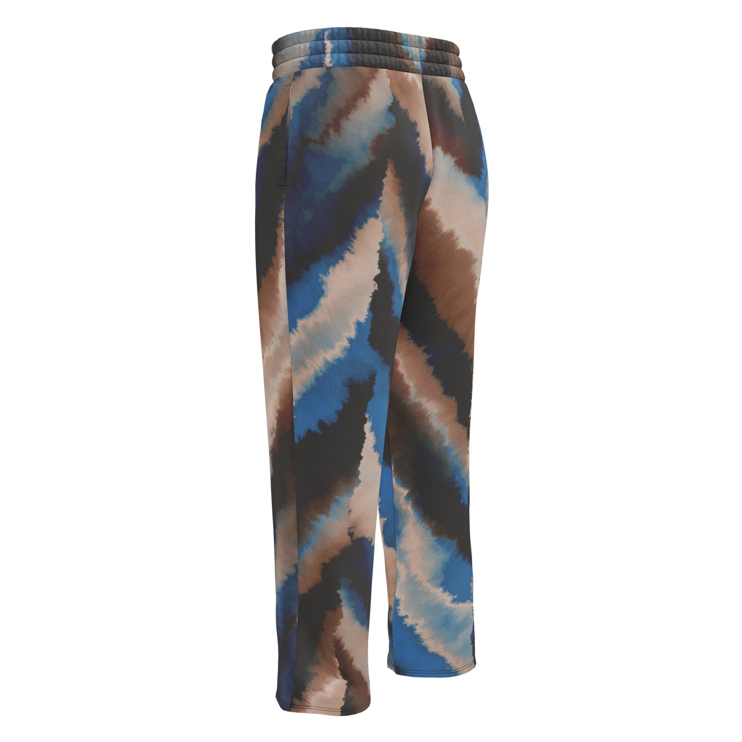 The Côte d'Azur Flow Joggers featuring an abstract blue, beige, and brown brushstroke print on a wide-leg relaxed silhouette.