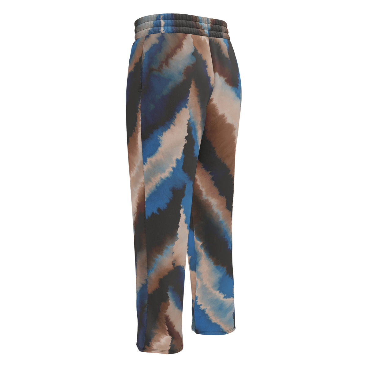 The Côte d'Azur Flow Joggers featuring an abstract blue, beige, and brown brushstroke print on a wide-leg relaxed silhouette.