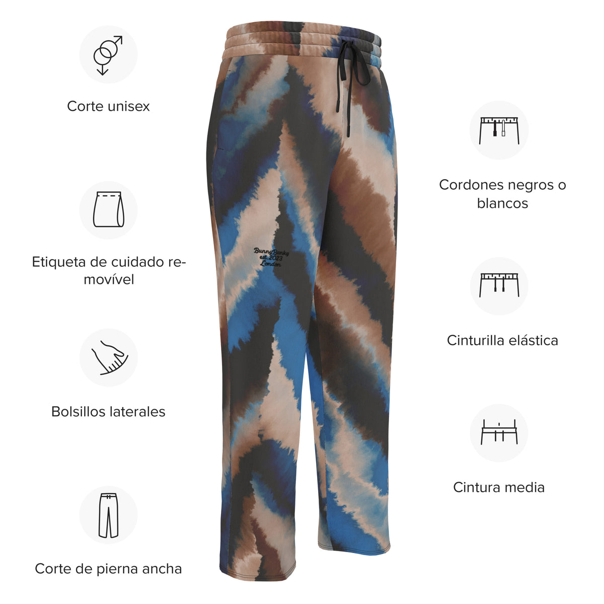 The Côte d'Azur Flow Joggers featuring an abstract blue, beige, and brown brushstroke print on a wide-leg relaxed silhouette.