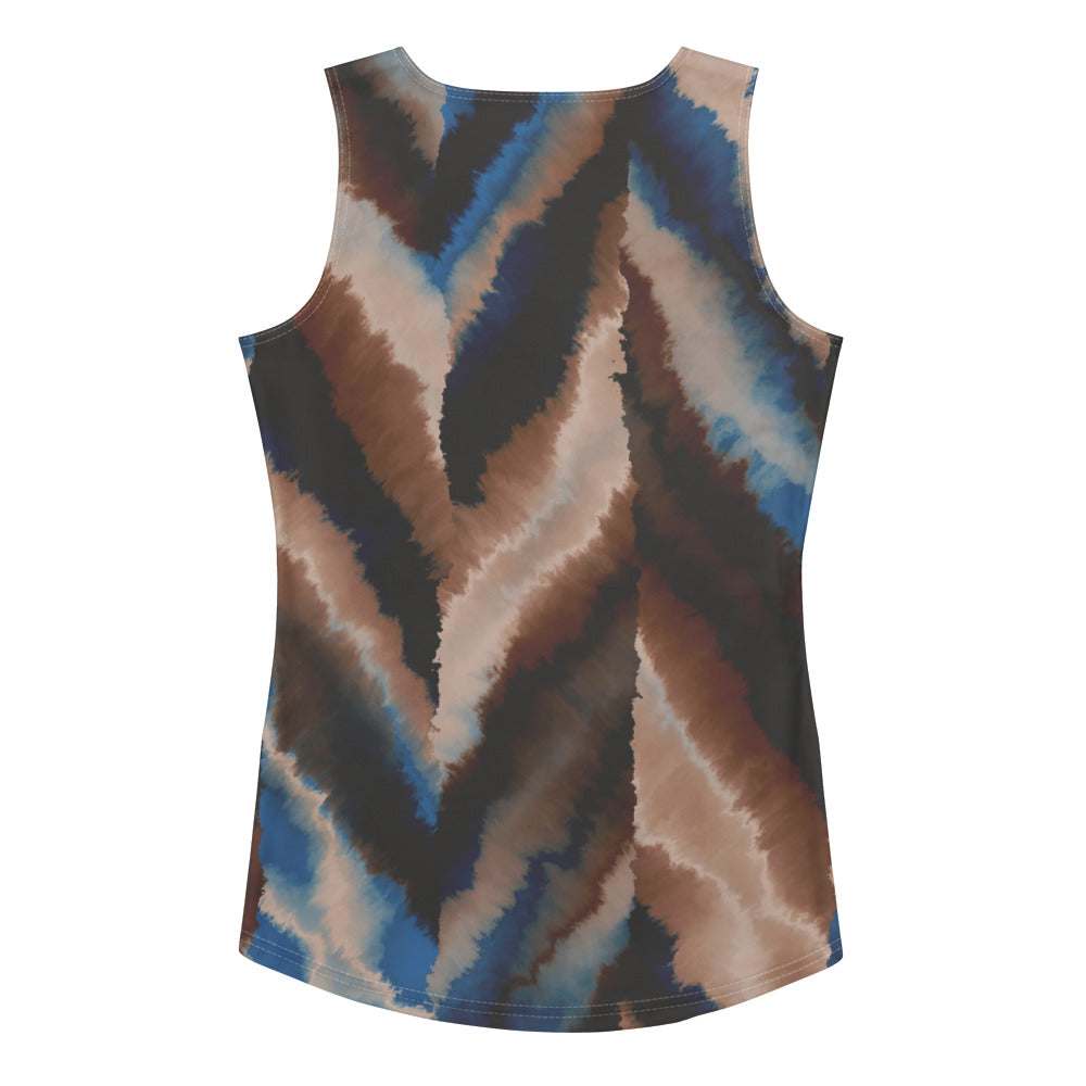 The Côte d'Azur Performance Tank in a body-hugging fit featuring an abstract blue, beige, and brown brushstroke print.