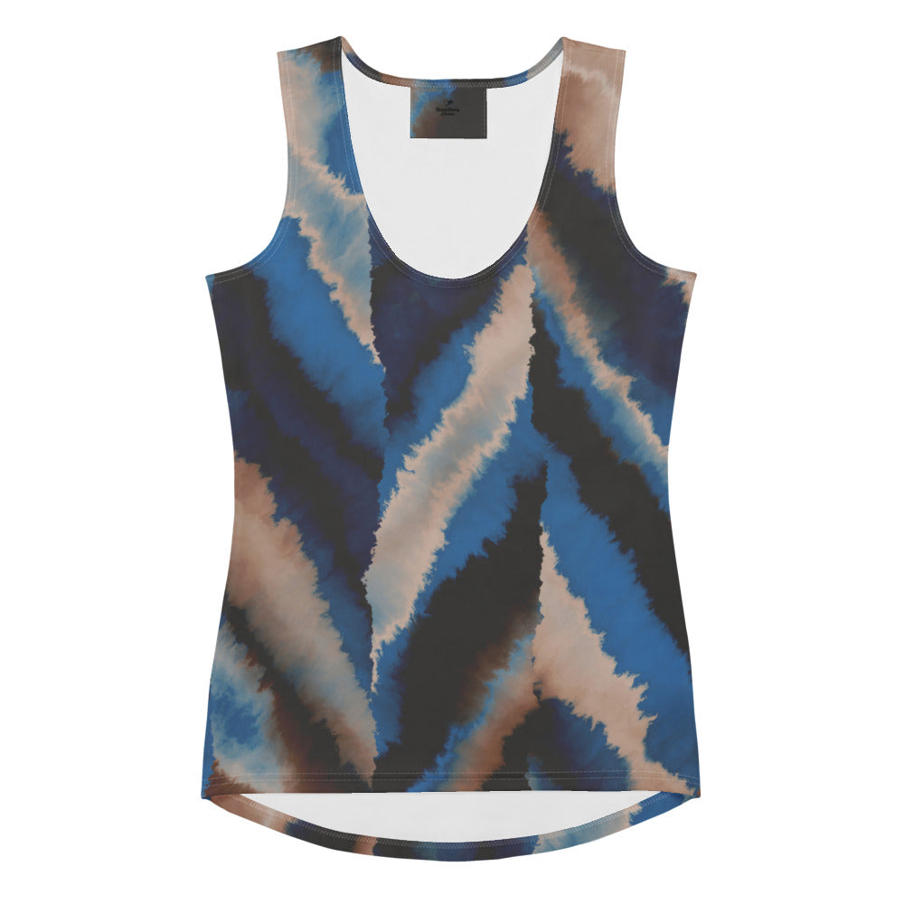The Côte d'Azur Performance Tank in a body-hugging fit featuring an abstract blue, beige, and brown brushstroke print.