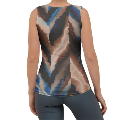 Model wearing the body-hugging Côte d'Azur Performance Tank paired with matching abstract brushstroke print bottoms.