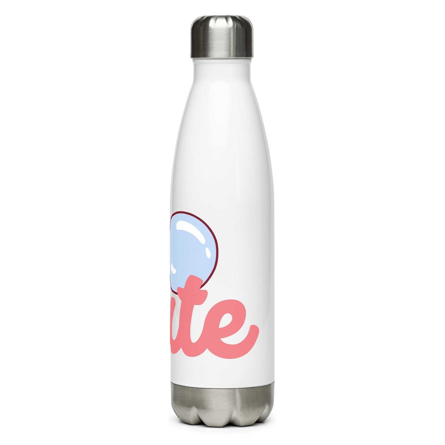 TheCute Bottle in crisp white, contrasting with the glossy pink lips pop-art print.