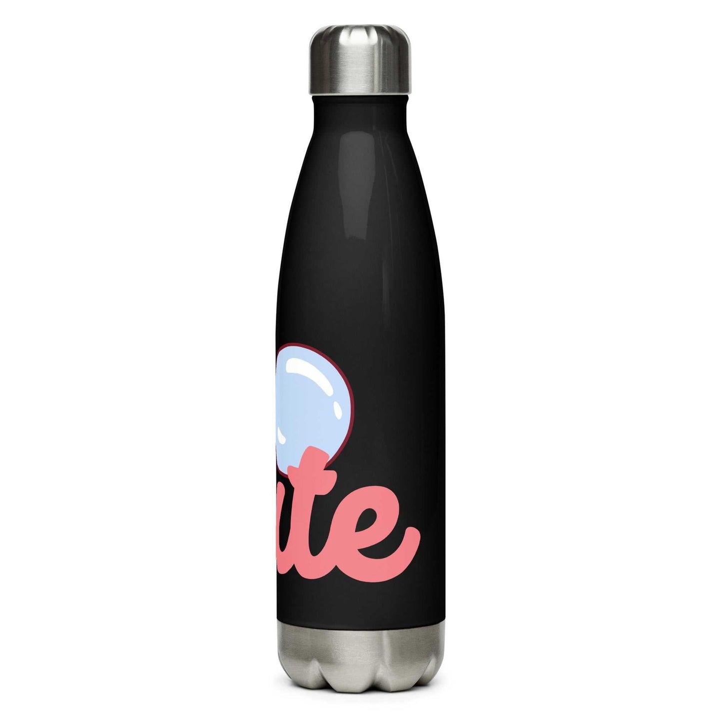 The Cute Bottle in glossy black, showing a pop-art print of pink lips blowing a bubble that says 'cute'.