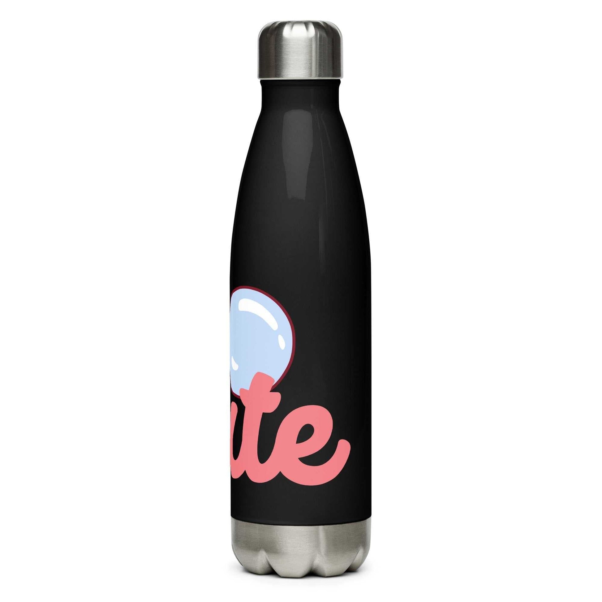 The Cute Bottle in glossy black, showing a pop-art print of pink lips blowing a bubble that says 'cute'.