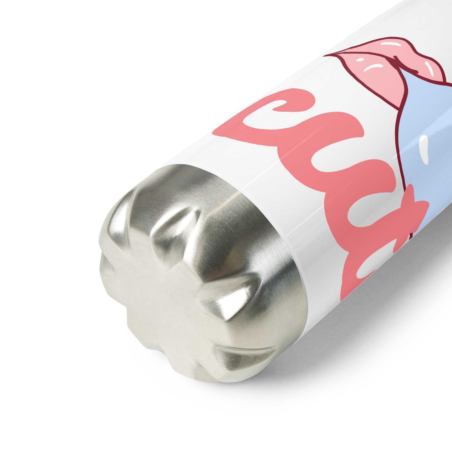 The Cute  Bottle in crisp white, contrasting with the glossy pink lips pop-art print.