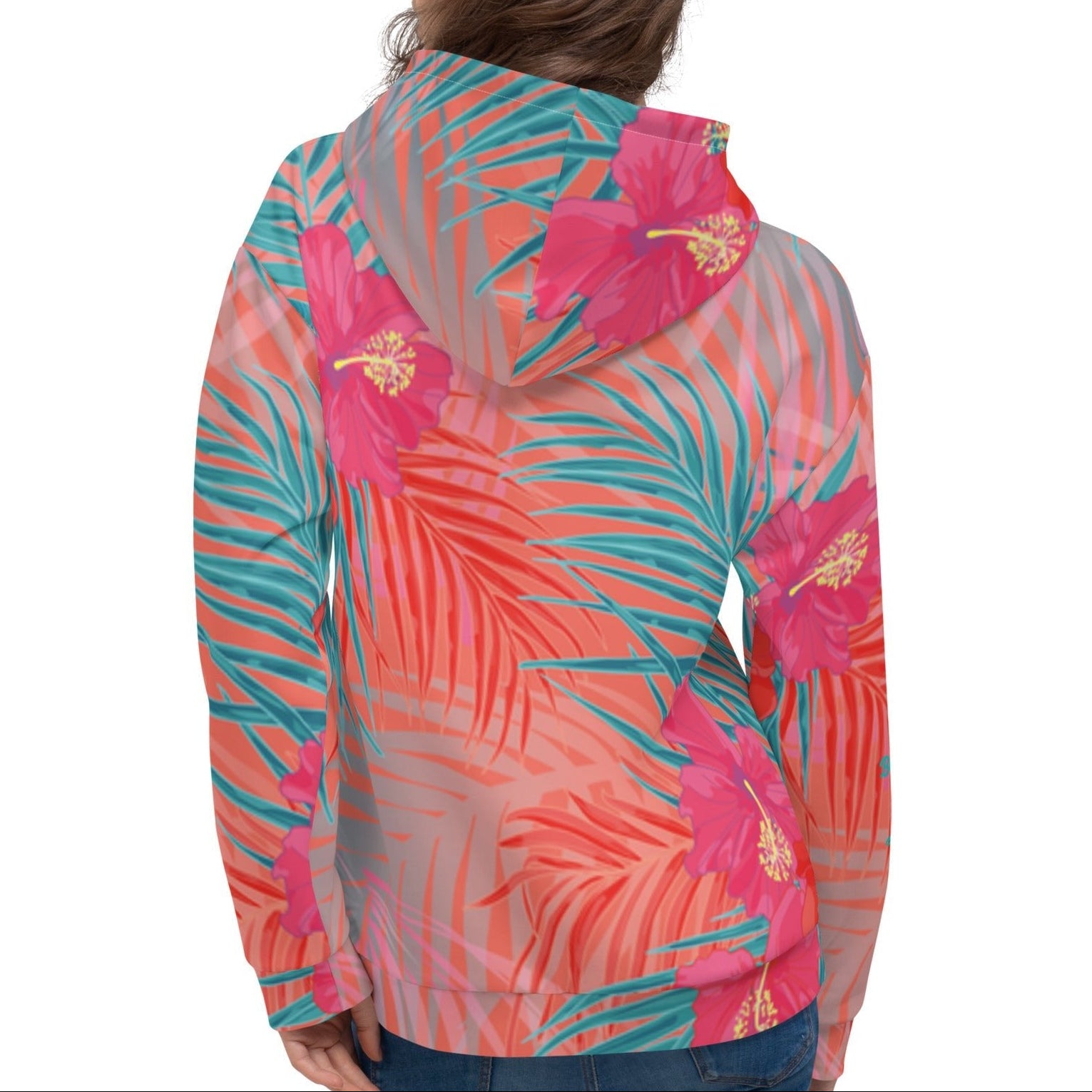 Model wearing the BunnyBankY District hoodie highlighting the vibrant pink , orange, and blue colours in a tropical floral print