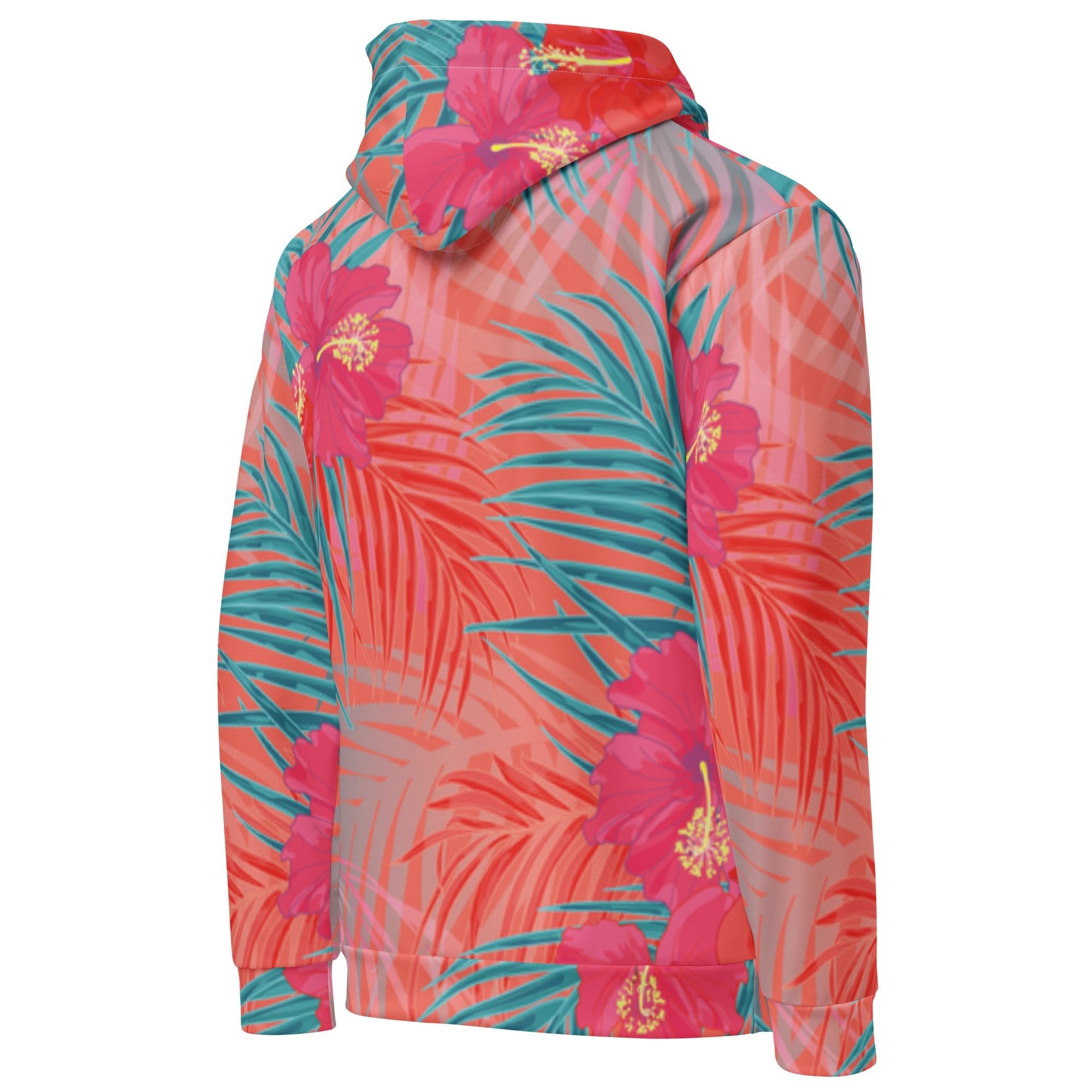 Aside close up of the BunnyBankY District hoodie highlighting the vibrant pink , orange, and blue colours in a tropical floral print
