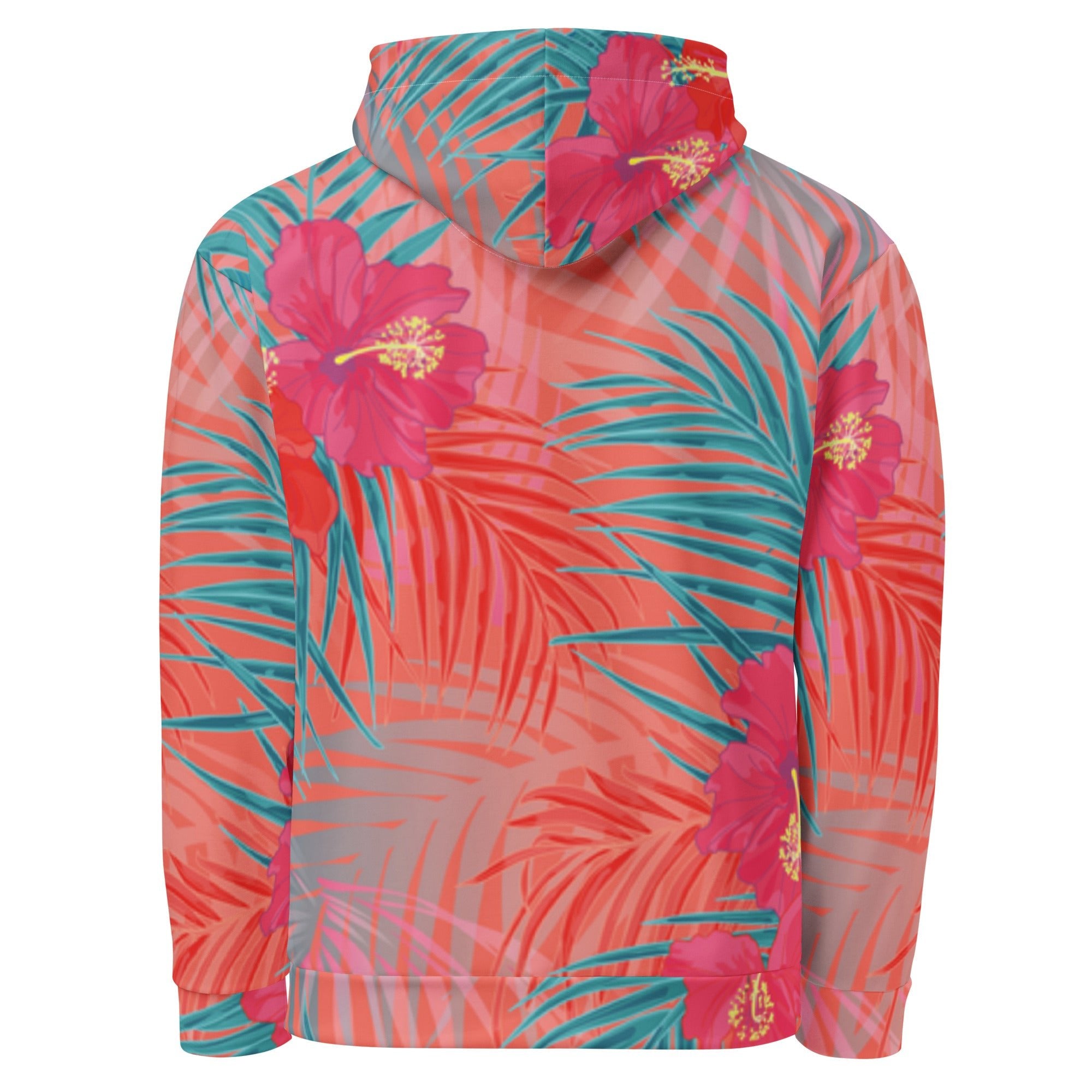 A close up of the BunnyBankY District hoodie highlighting the vibrant pink , orange, and blue colours in a tropical floral print