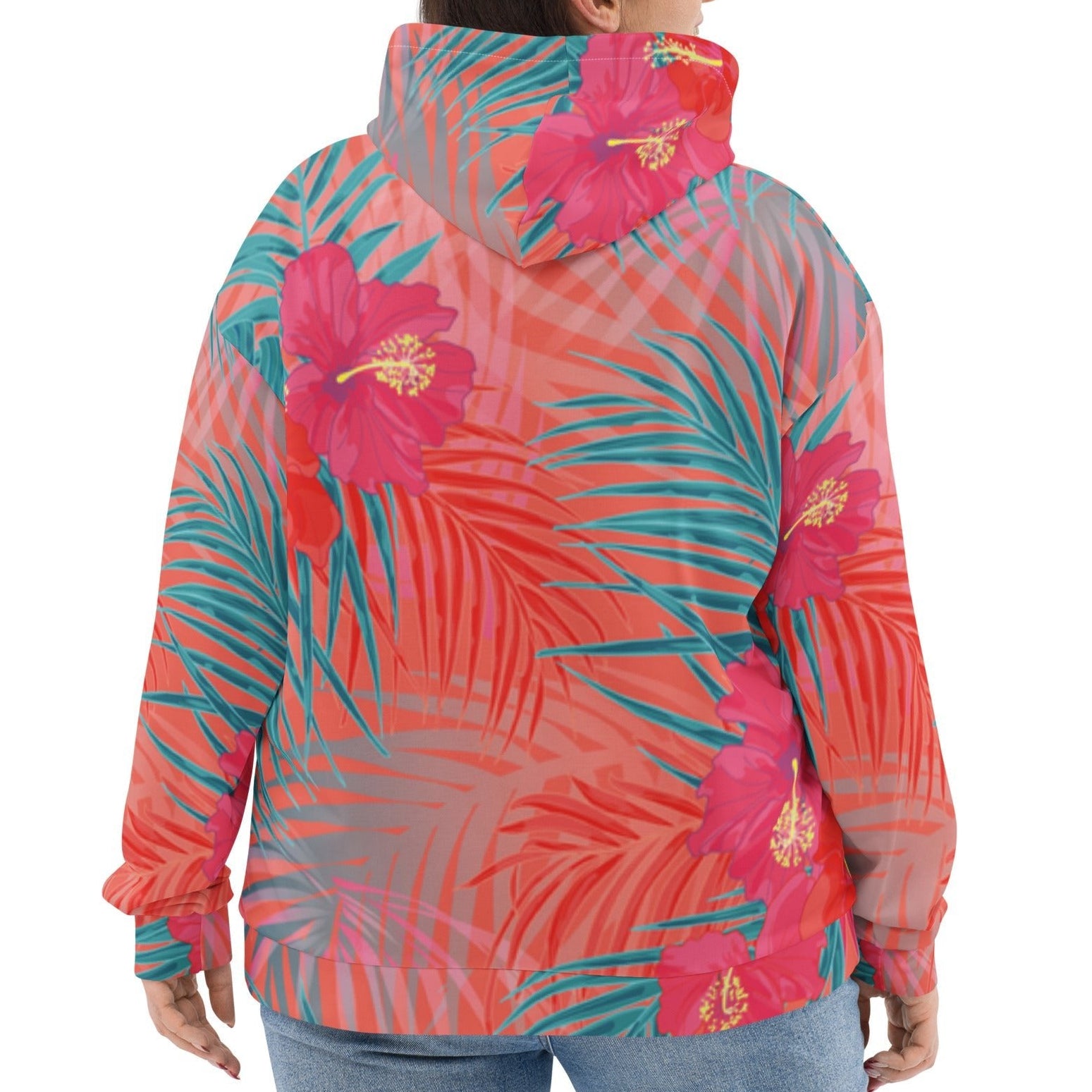 Model wearing the BunnyBankY District hoodie highlighting the vibrant pink , orange, and blue colours in a tropical floral print