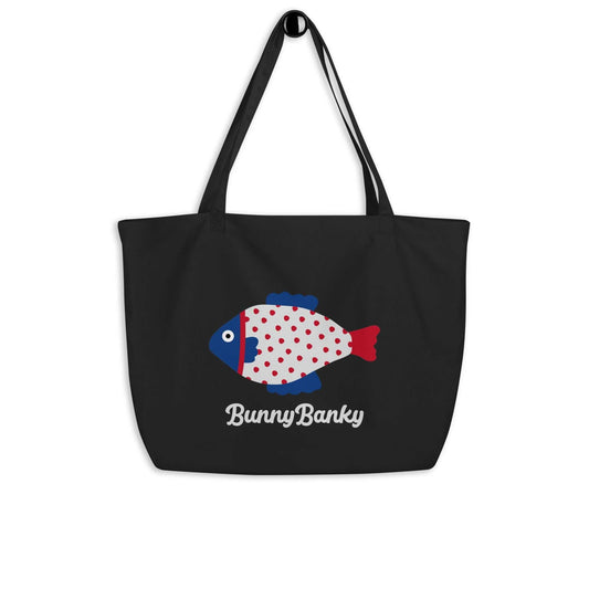 The Coastal Large Organic Tote Bag in black with colorful fish graphic and BunnyBanky text, spacious organic cotton reusable bag
