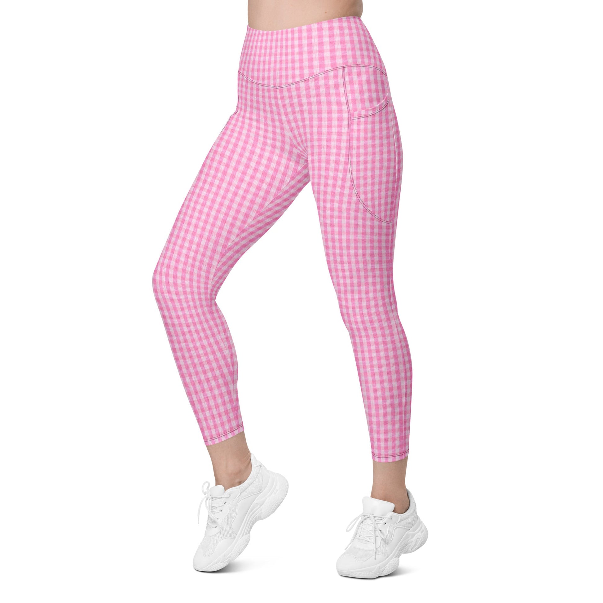A model wearing the EcoFlex Sculpt Leggings  in plaited pink pattern