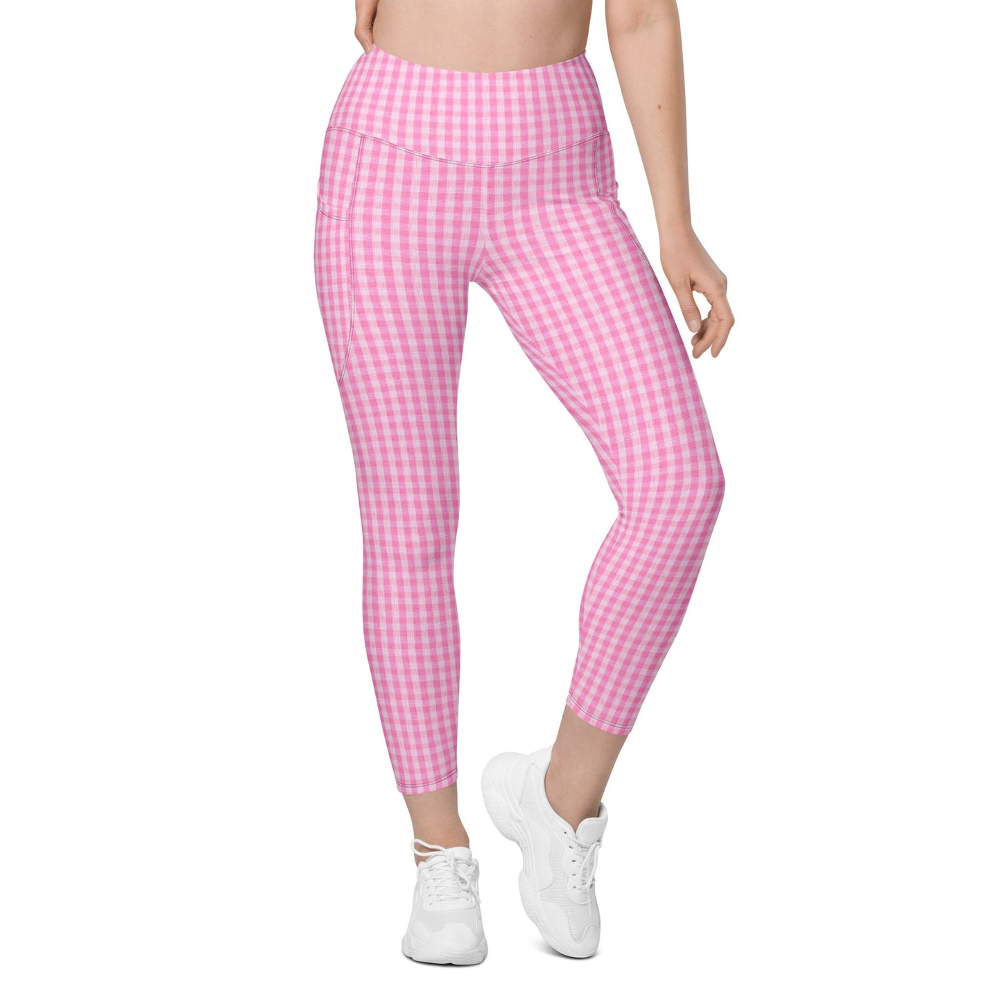 A model wearing the EcoFlex Sculpt Leggings  in plaited pink pattern