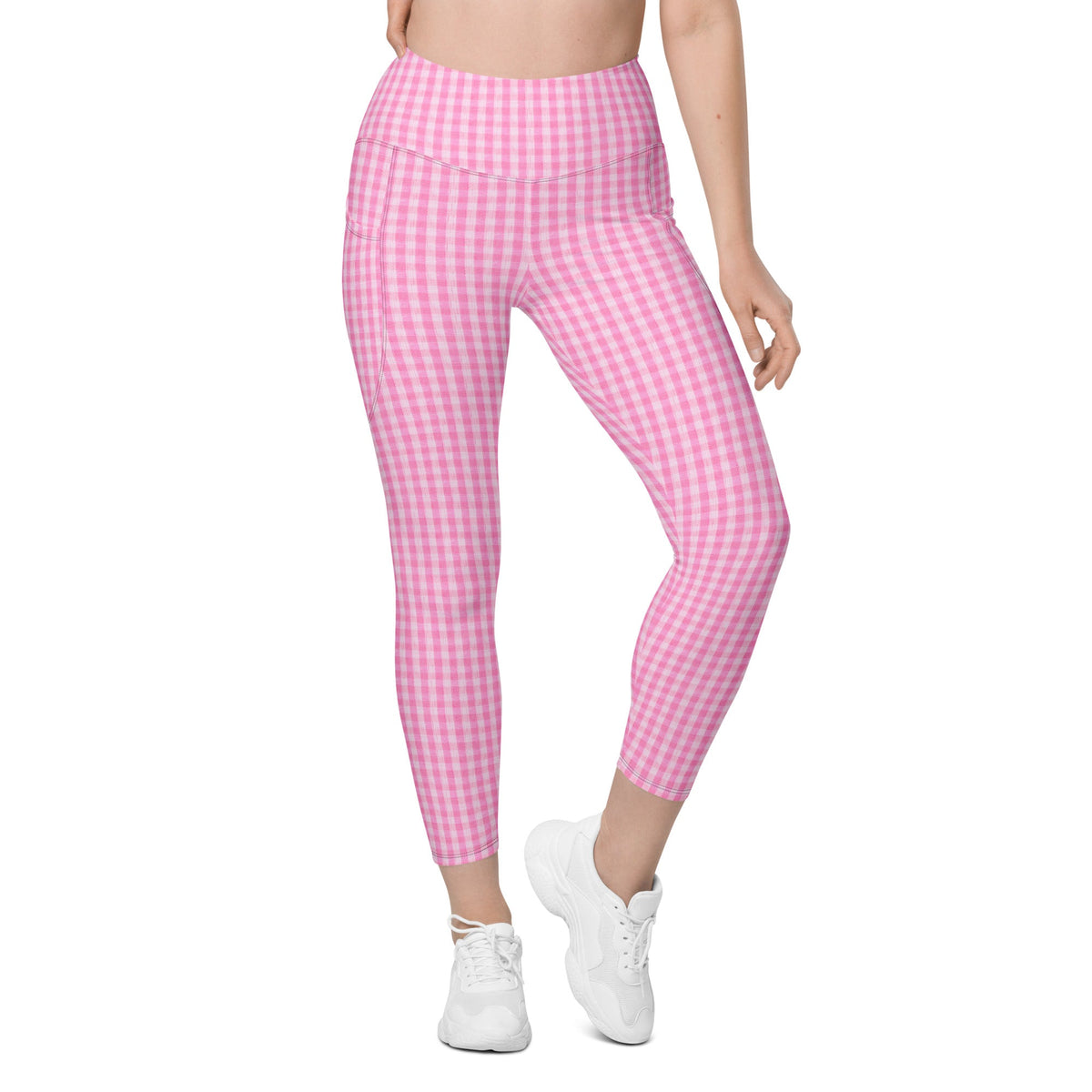 A model wearing the EcoFlex Sculpt Leggings  in plaited pink pattern