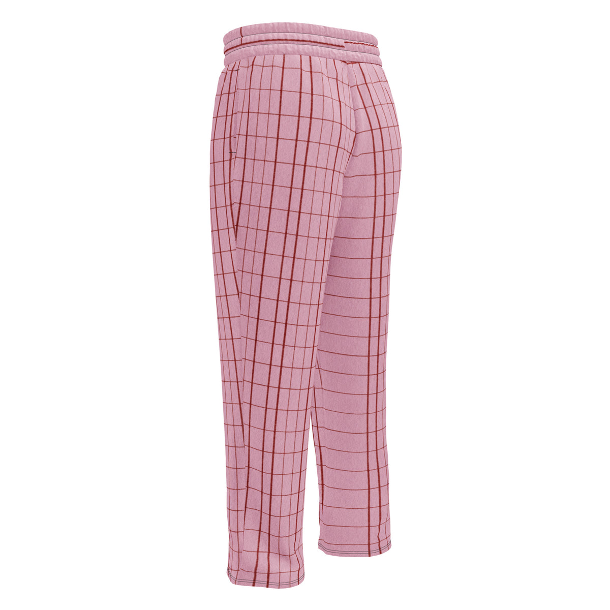 The Edinburgh Flow Joggers.Pink plaid  relaxed joggers with a black drawstring waist, shown on a plain white background.