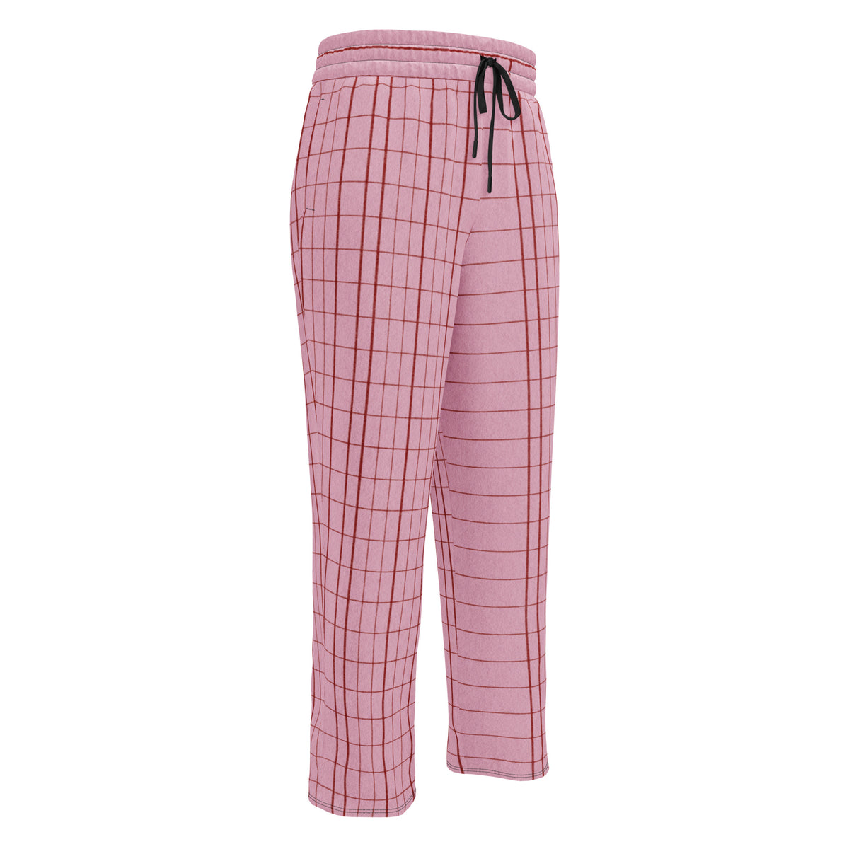 The Edinburgh Flow Joggers.Pink plaid  relaxed joggers with a black drawstring waist, shown on a plain white background.