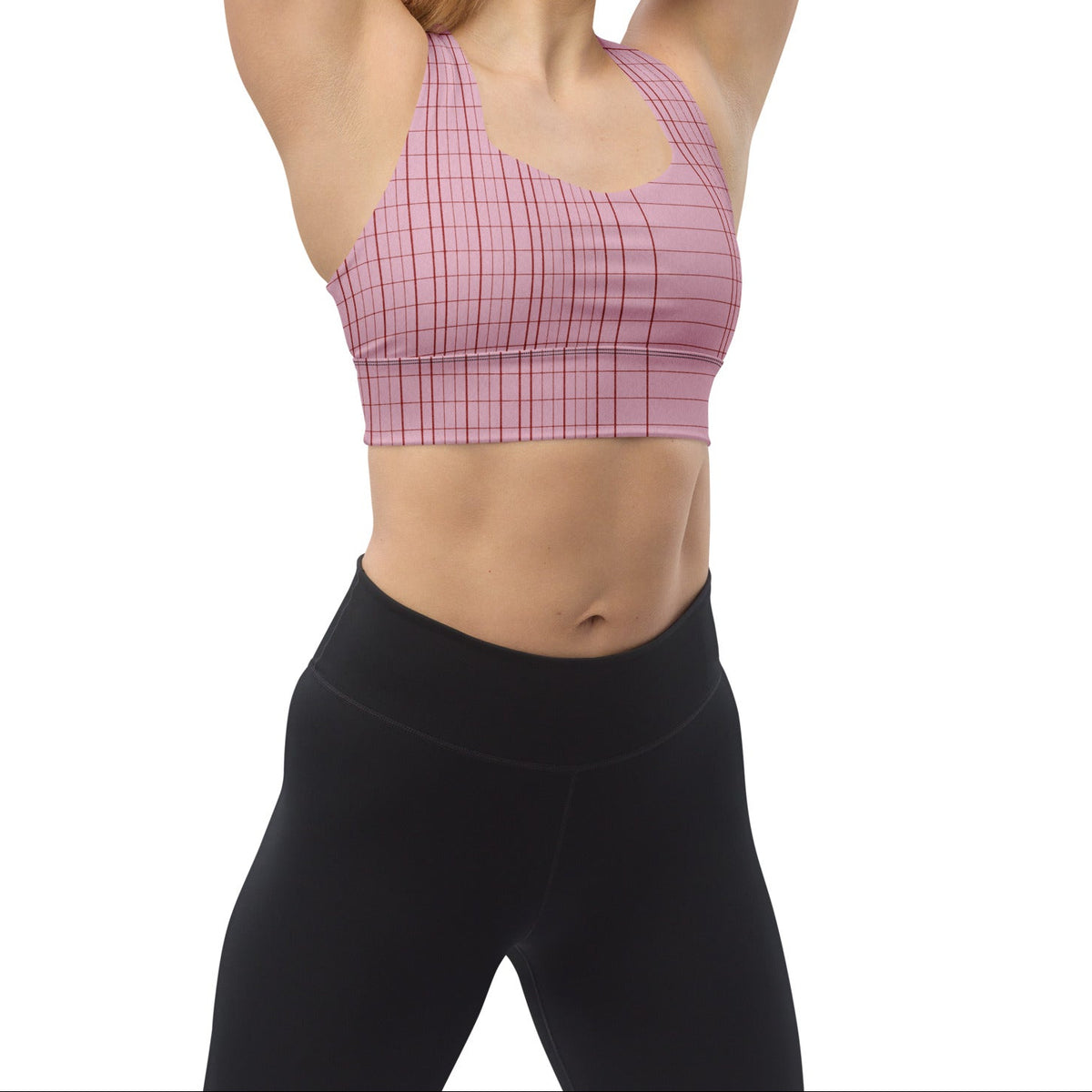 A woman wearing the edinburgh longline performance bra