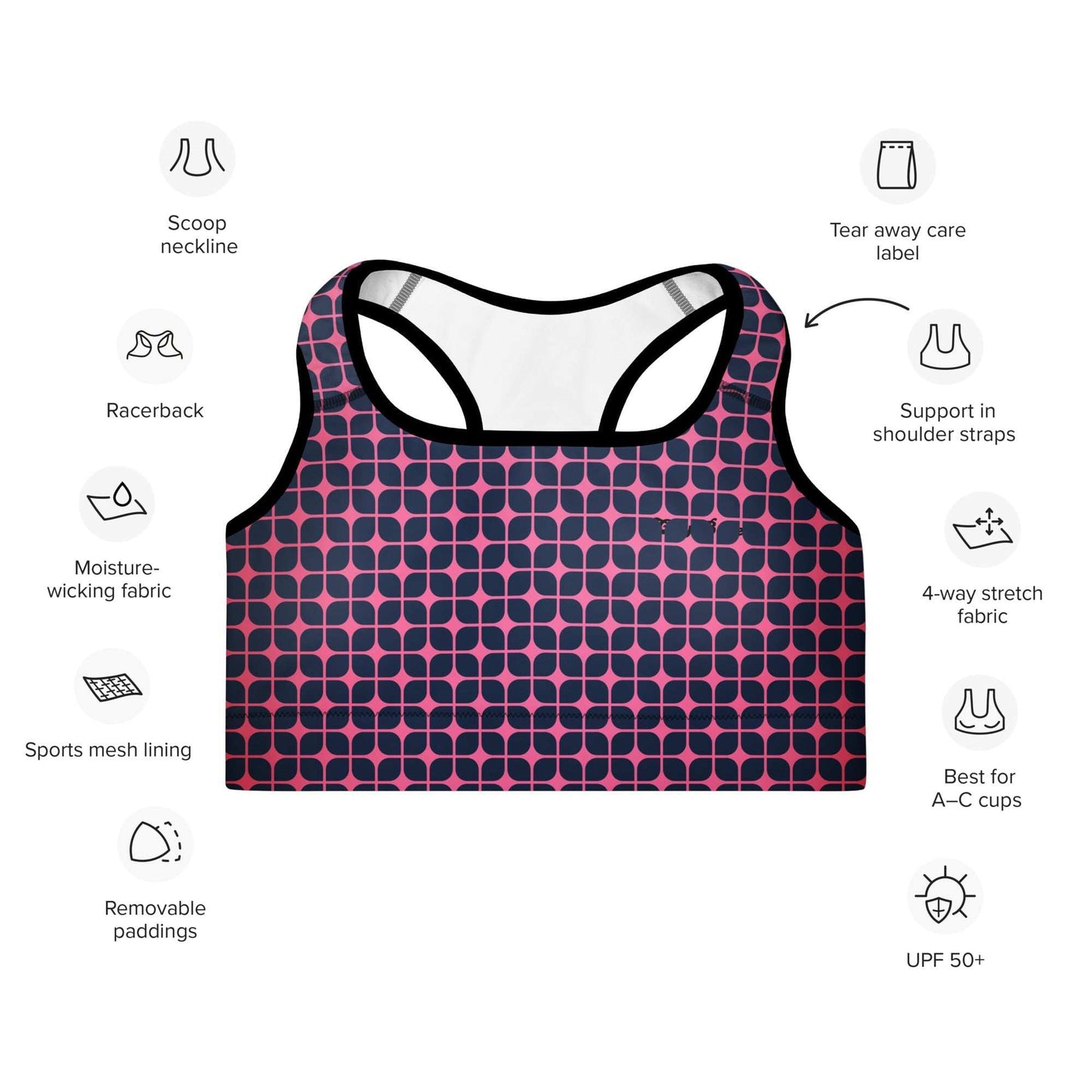 A close up of The Embankment Performance Bra, showing the supportive fit and the navy and fuchsia geometric print.