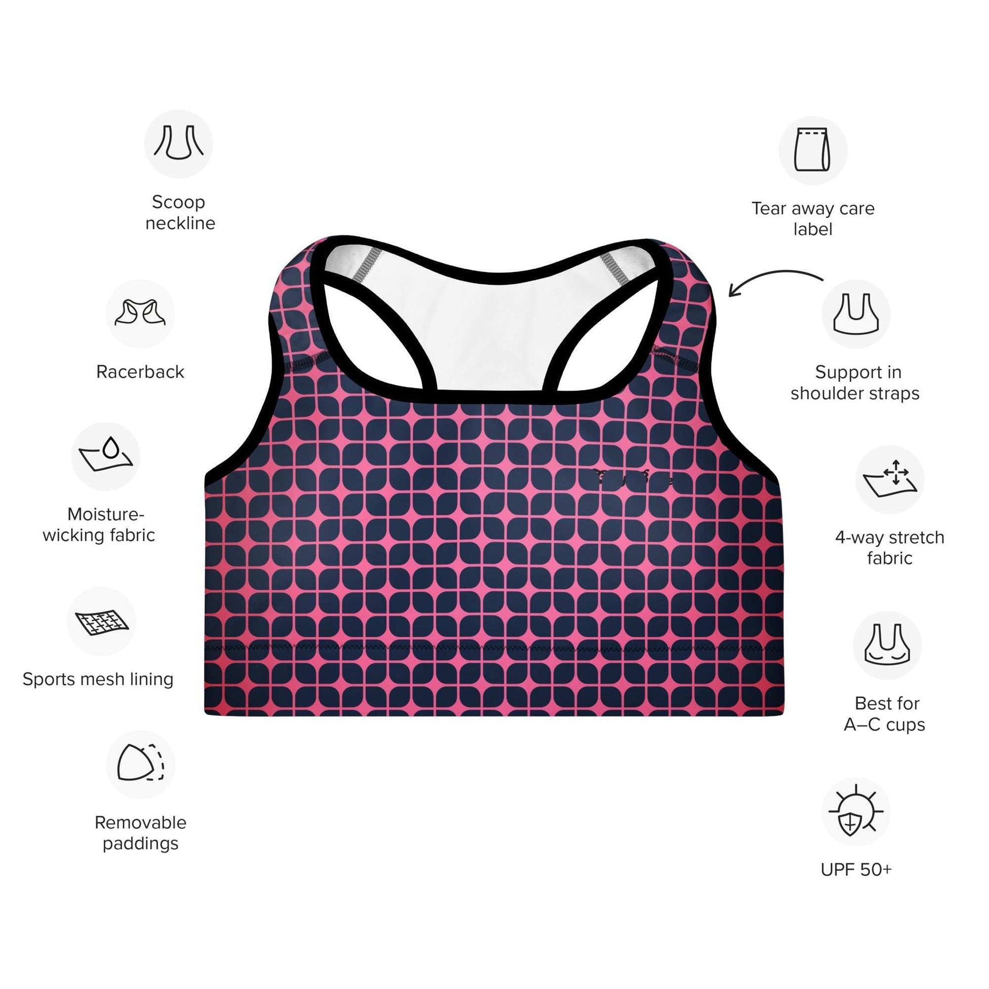 A close up of The Embankment Performance Bra, showing the supportive fit and the navy and fuchsia geometric print.