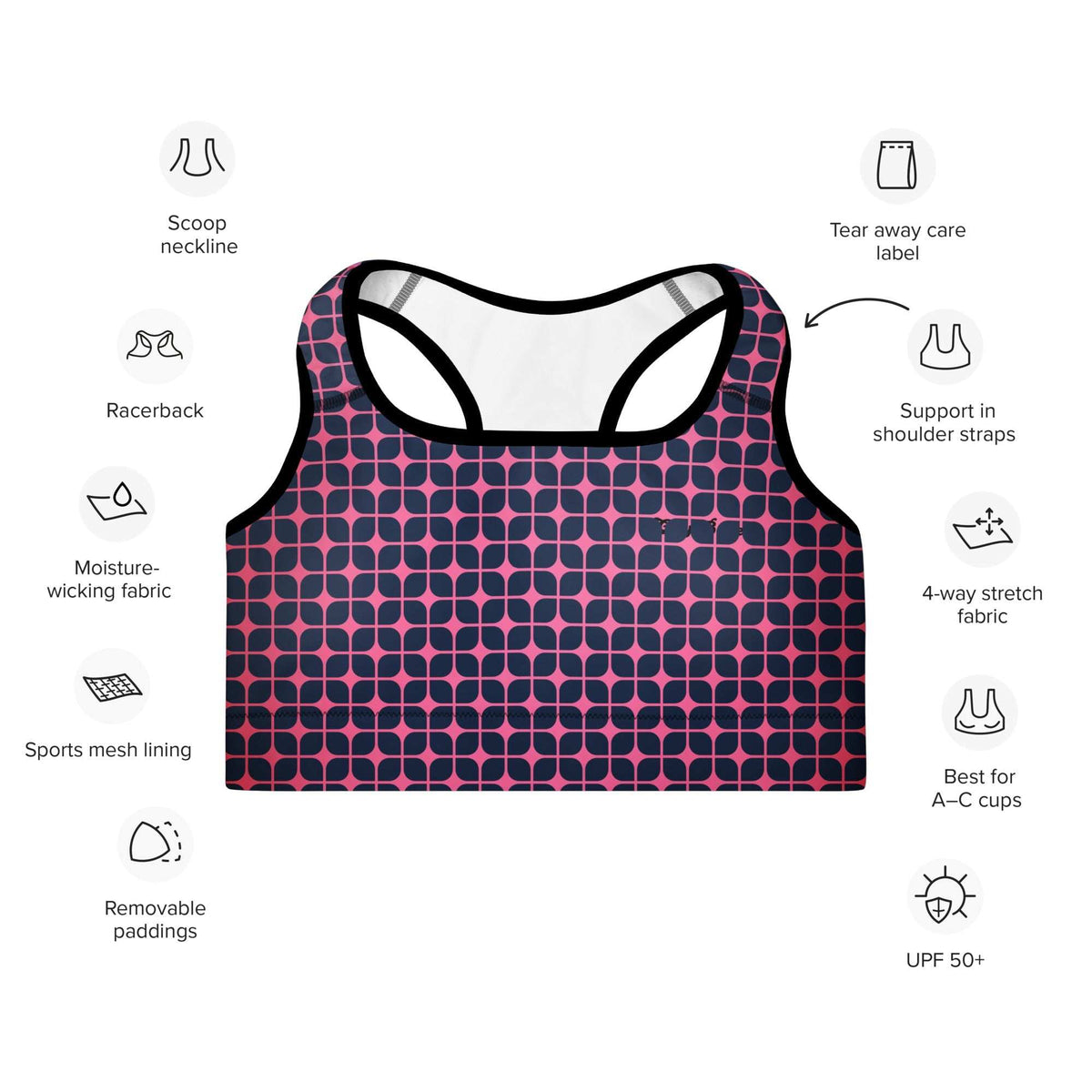 A close up of The Embankment Performance Bra, showing the supportive fit and the navy and fuchsia geometric print.