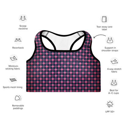A close up of The Embankment Performance Bra, showing the supportive fit and the navy and fuchsia geometric print.