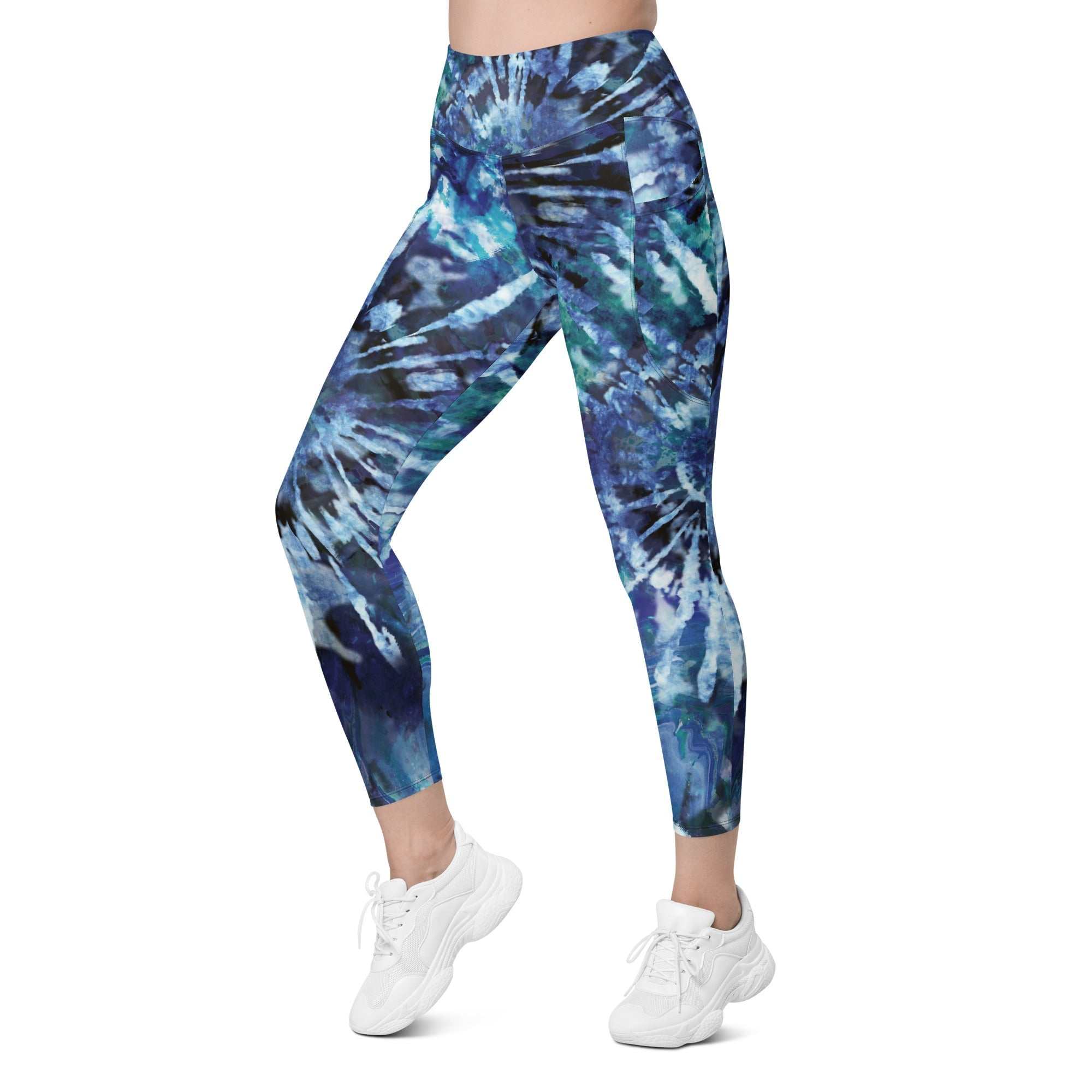 Blue and black tie-dye high-waisted leggings with pockets and tight fit for workout and casual wear