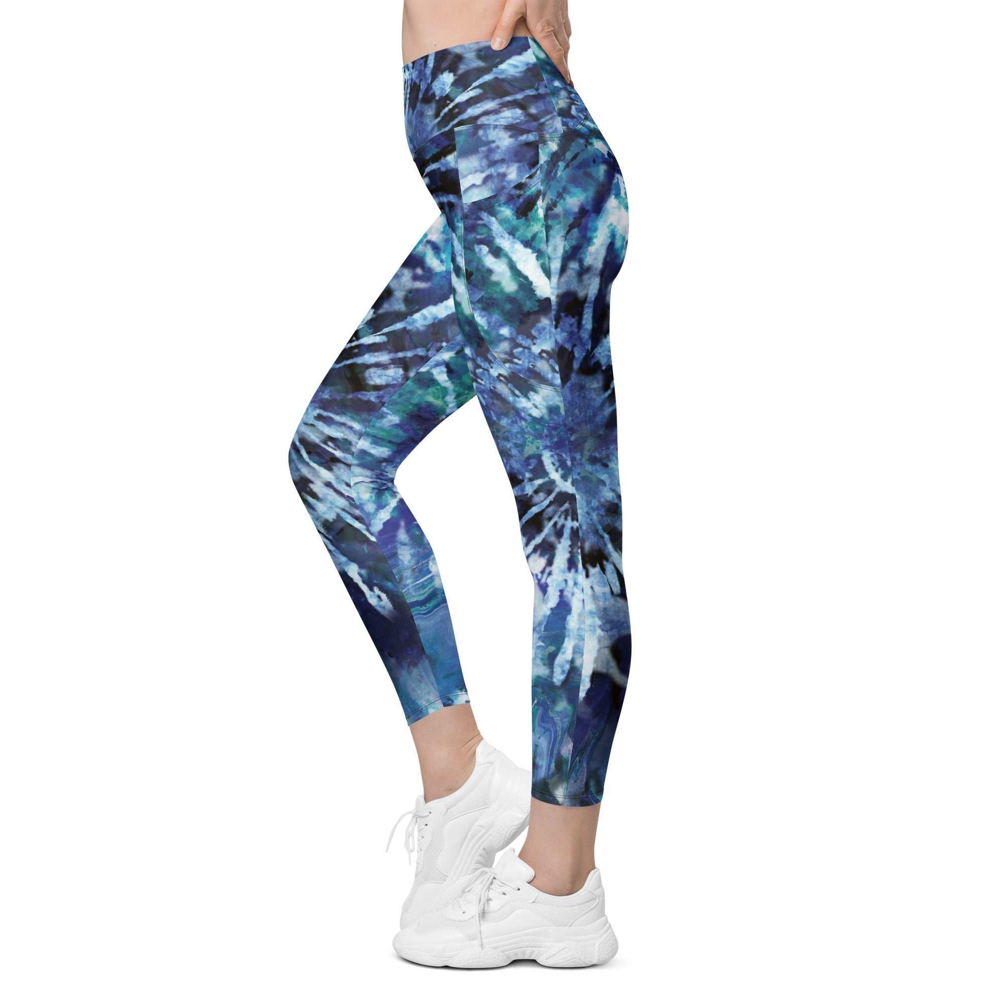 Blue and black tie-dye Fulham high-waisted leggings with side pockets and tight fit