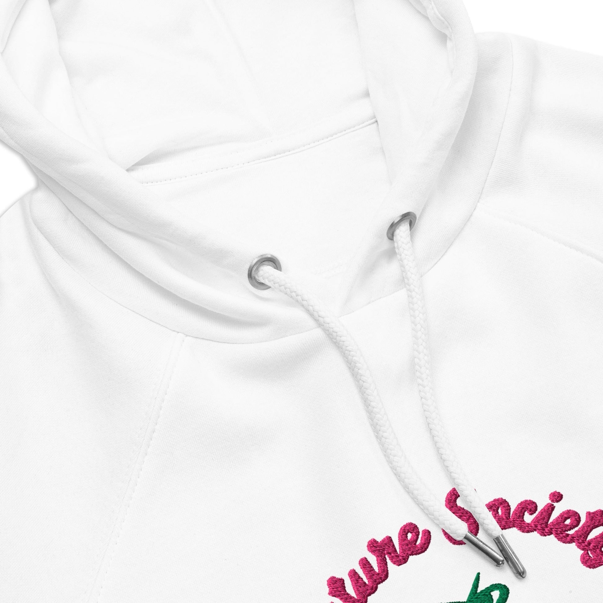 A close-up of The Geneva Visionary Hoodie embroidery, showing the green and blue "Future Society" text and green thunder symbol above the heart logo.