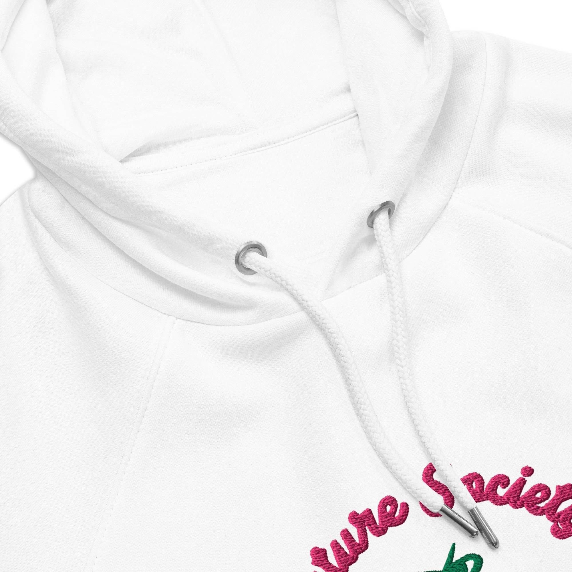 A close-up of The Geneva Visionary Hoodie embroidery, showing the green and blue 